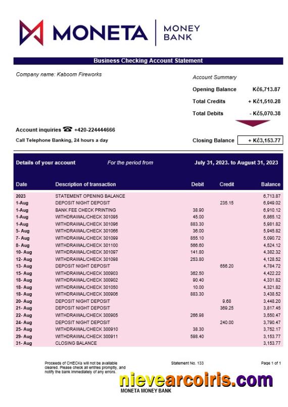 Moneta Money Bank firm account statement